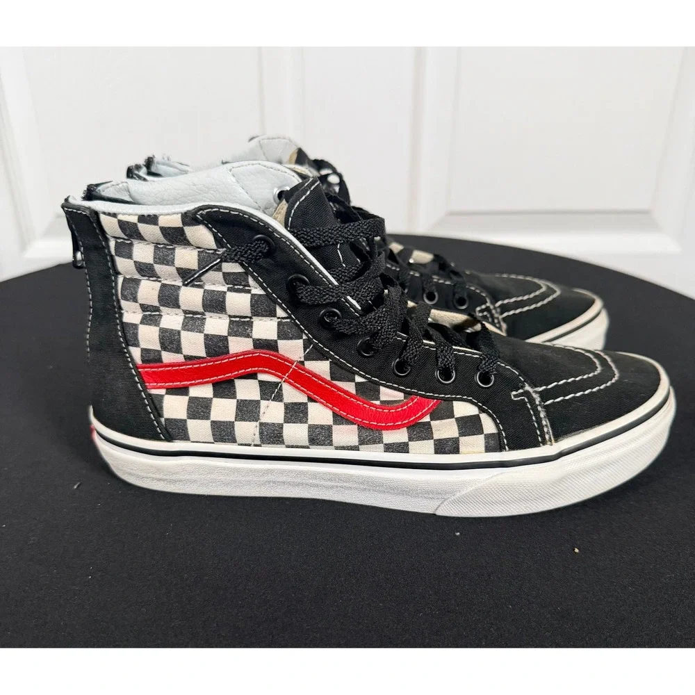 Vans Sk8-Hi Zip Kids 7.0 Checkerboard Black Red High Top Skate Shoes 721356